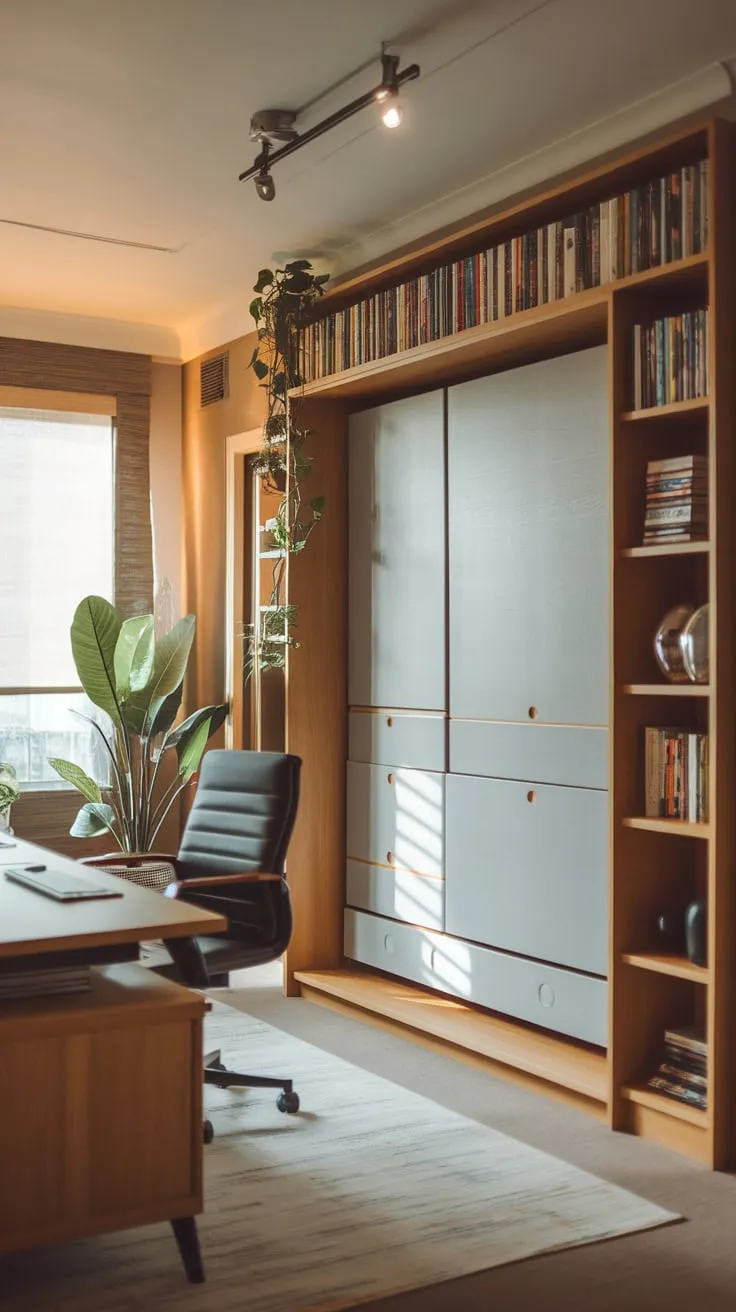 Transform your space with a cozy home office featuring a Murphy bed, seamlessly blending work and rest.
