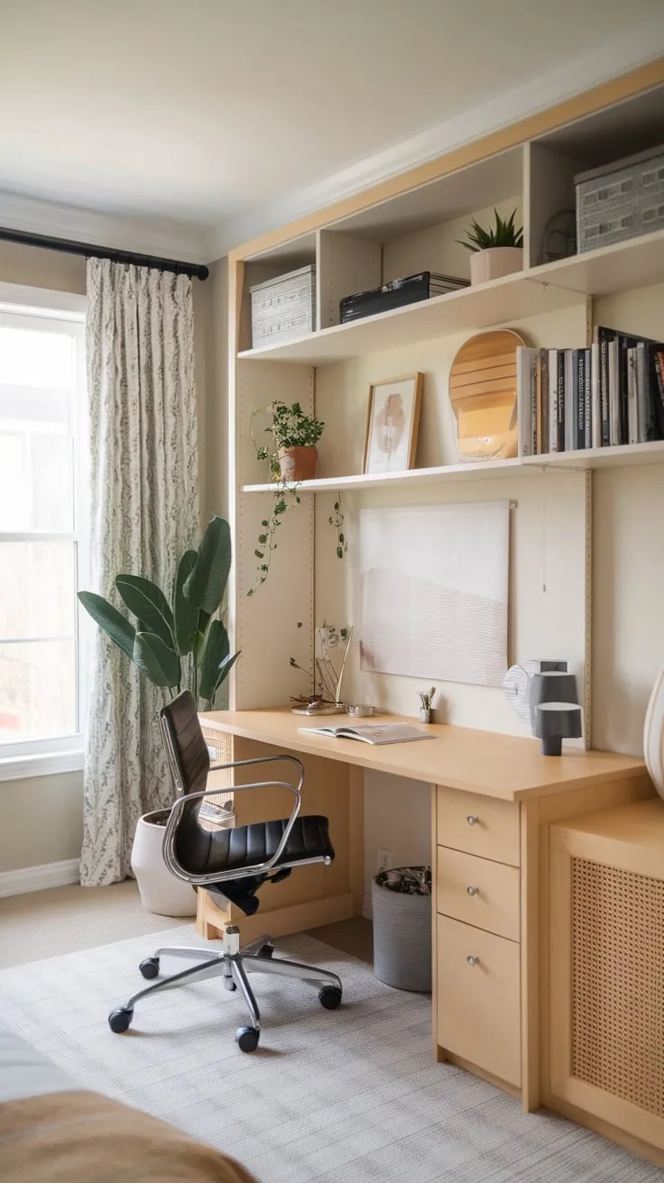 A versatile Murphy bed transforms a home office into a guest room, seamlessly blending work and relaxation.