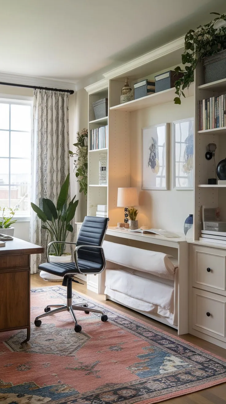 A stylish home office seamlessly transforms into a guest room with a space-saving Murphy bed, complete with desk, shelving, and calming décor