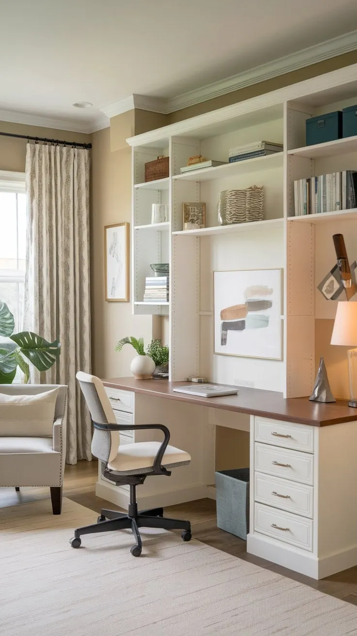A beige-walled home office seamlessly transforms into a guest room with a Murphy bed, desk, comfortable chair, and calming plant.