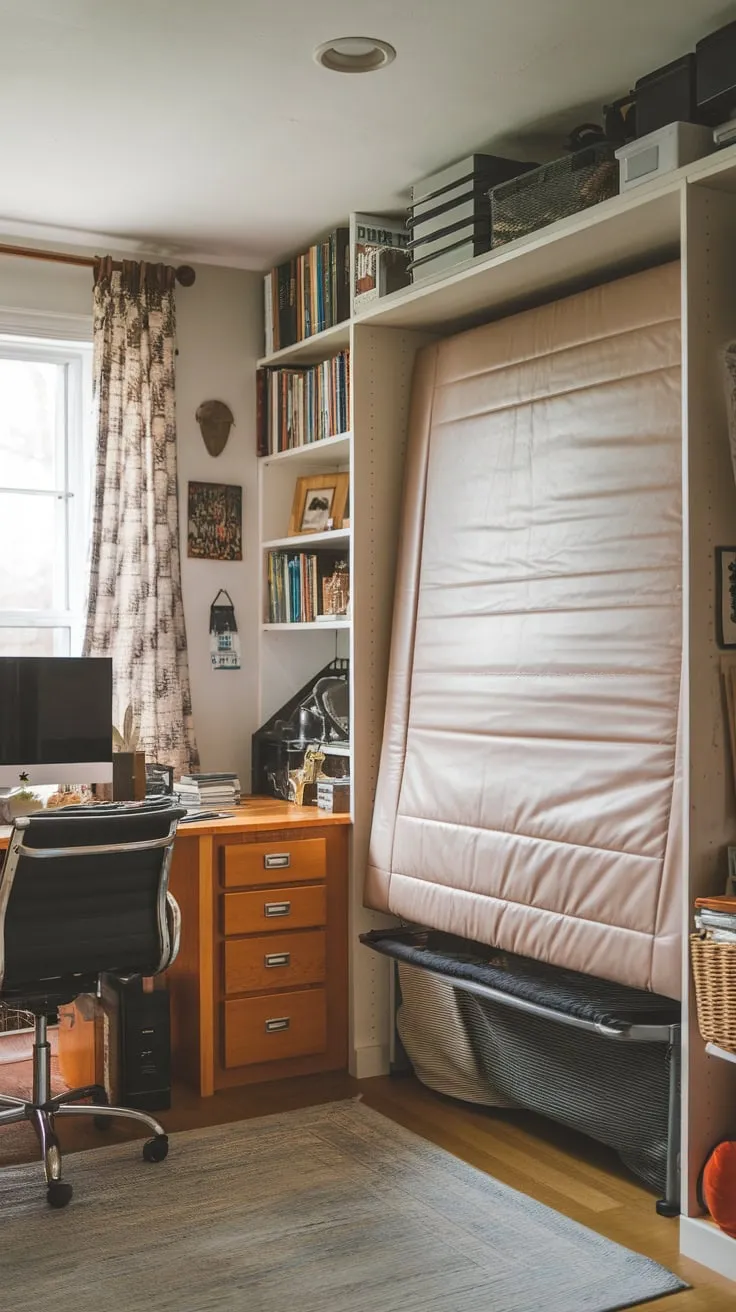 A versatile home office seamlessly transforms into a guest room thanks to a space-saving Murphy bed.