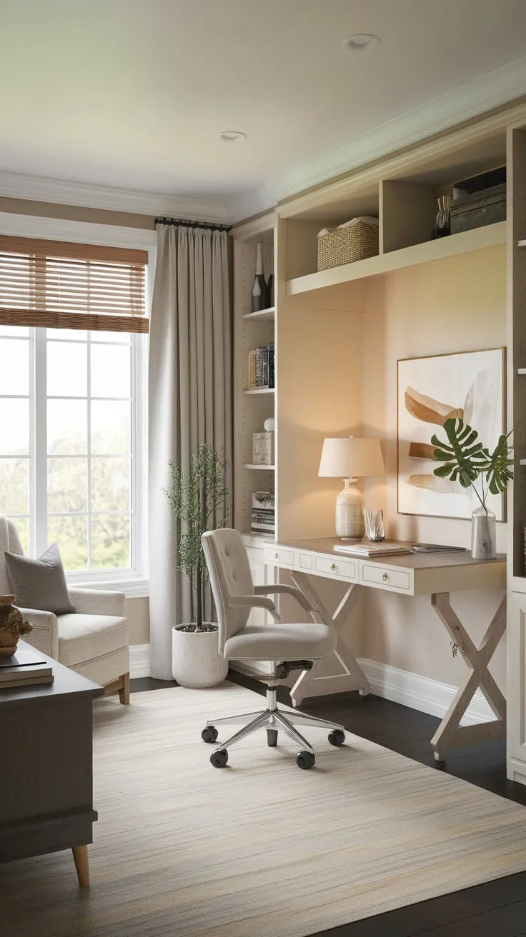 A Murphy bed cleverly conceals itself in this calming home office, blending workspace and guest accommodation effortlessly.