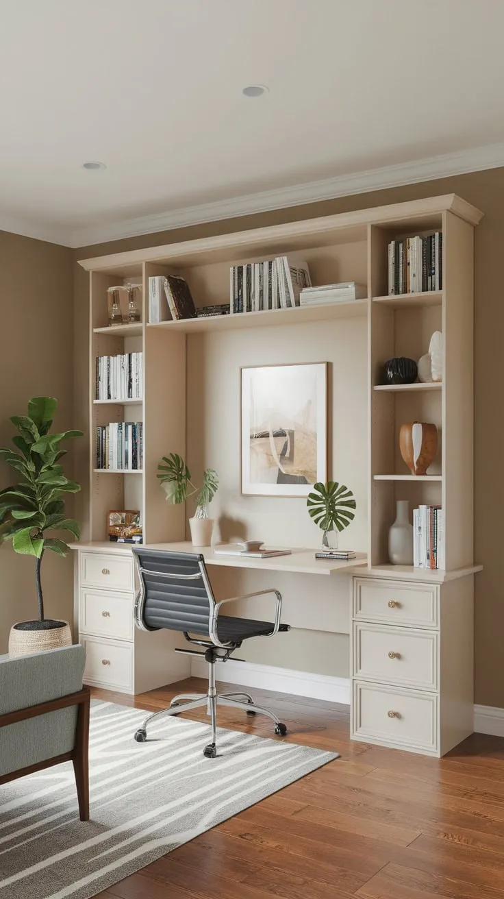 A beige-walled guest room seamlessly transforms from a home office with desk, bookshelf, and plant to a cozy bedroom with a Murphy bed.