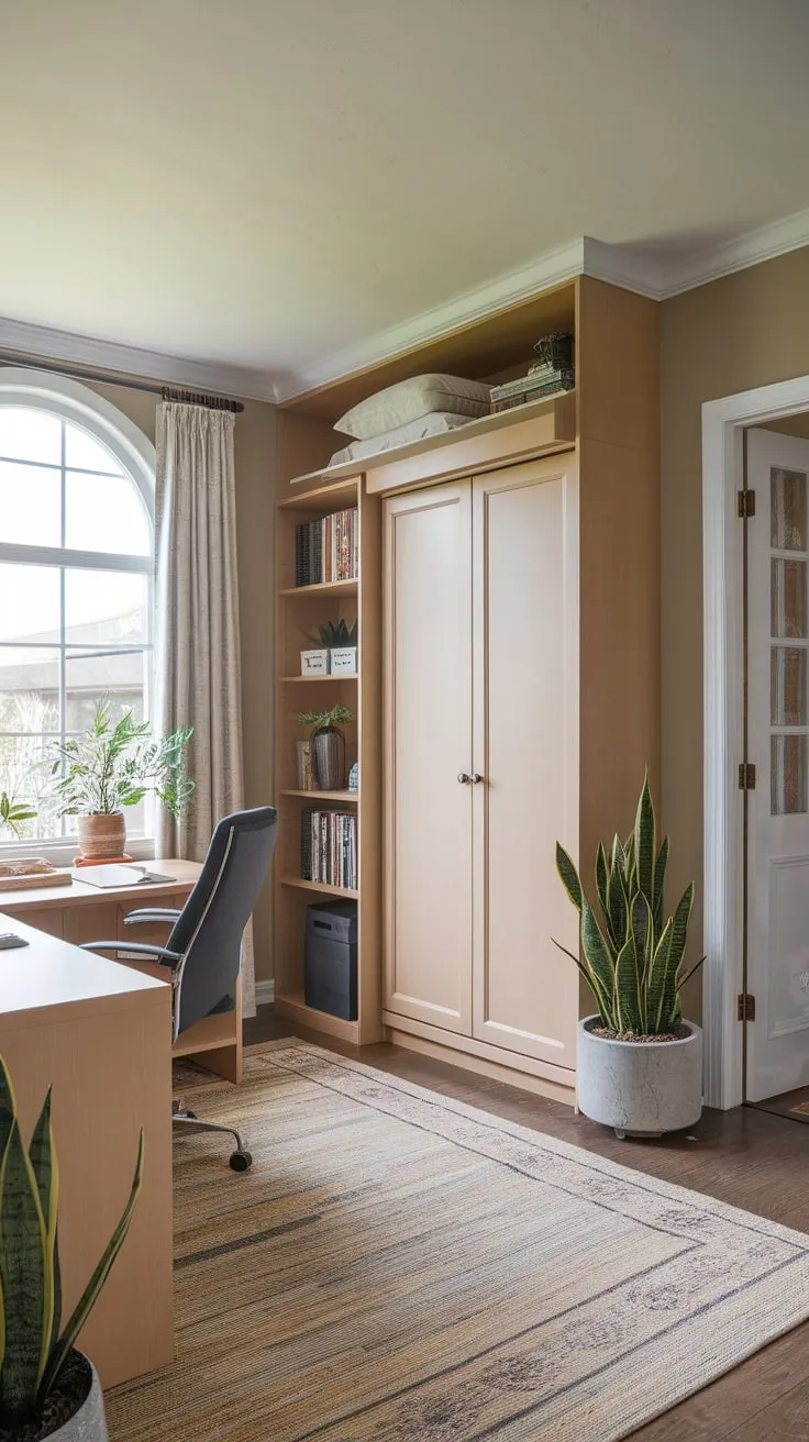 A beige-walled haven offers both productive workspace and restful sleep, thanks to a cleverly concealed Murphy bed.