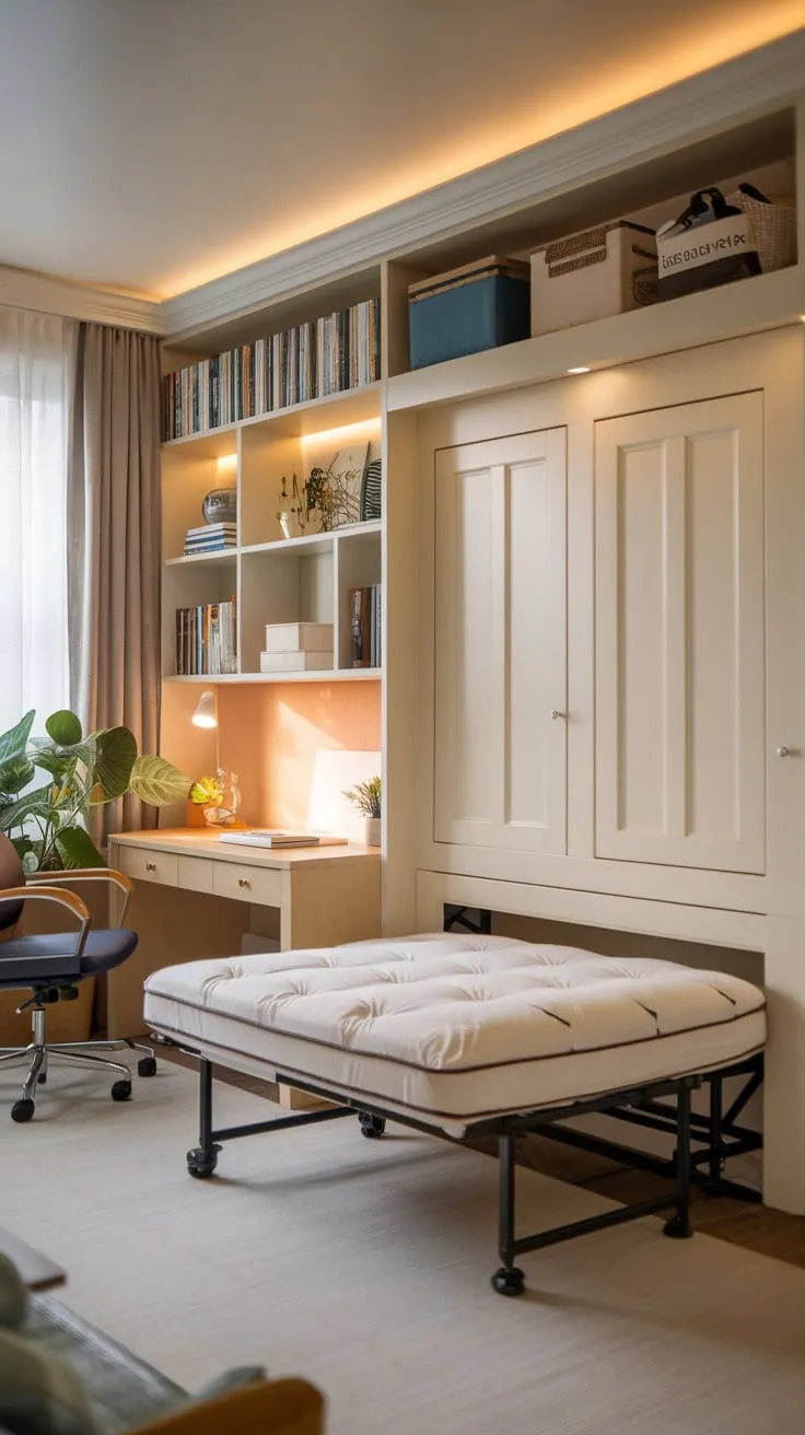 A warm, inviting home office seamlessly converts into a guest bedroom thanks to a cleverly concealed Murphy bed.