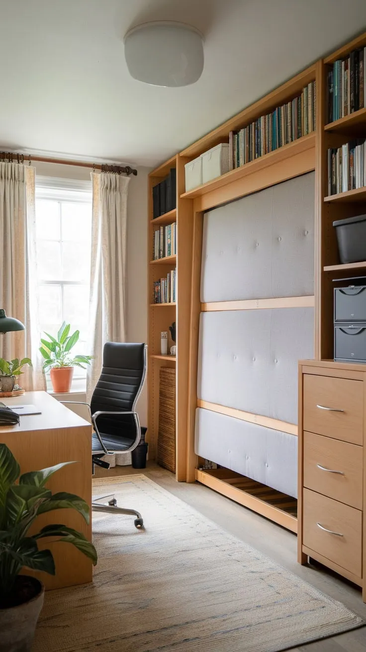 A Murphy bed seamlessly blends work and rest in this efficient home office, maximizing space and functionality.