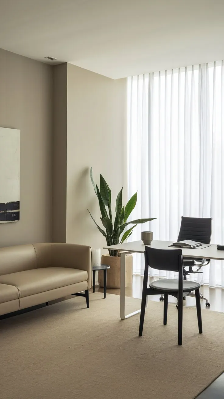 Light grey walls and a beige rug complement a white desk, black chair, and beige sofa in this serene minimalist home office.