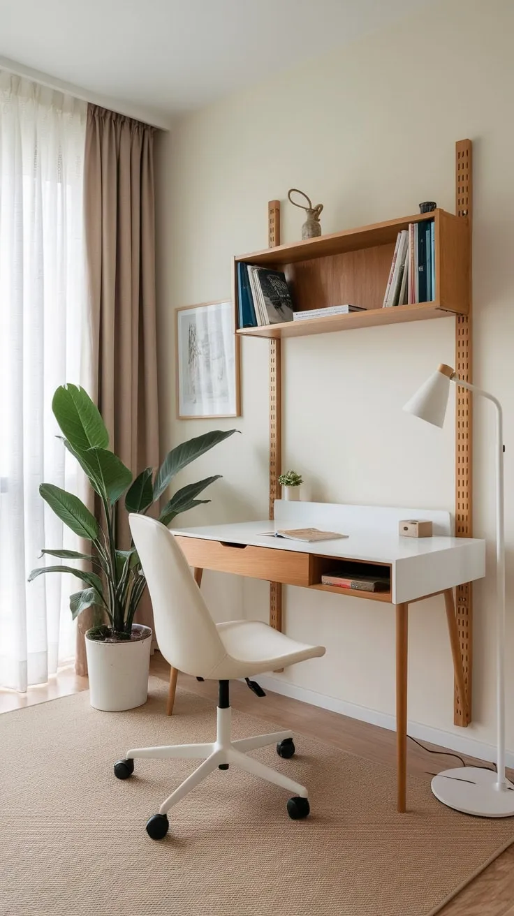 A bright and airy home office features a white desk, wooden shelving, and a touch of greenery creating a productive and stylish atmosphere.
