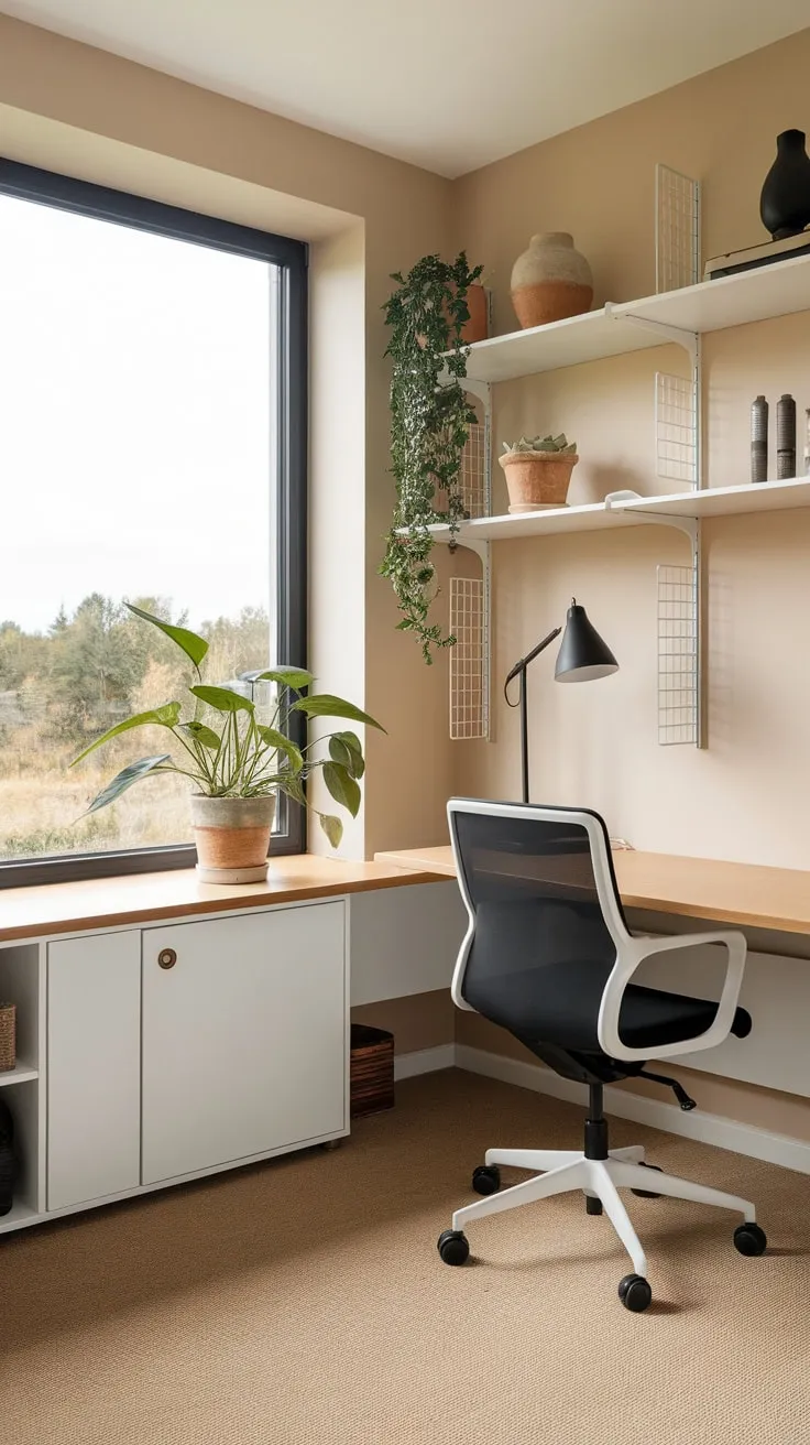 A serene modern home office boasts a nature view, minimalist white furniture, and warm beige tones for a productive and inspiring workspace