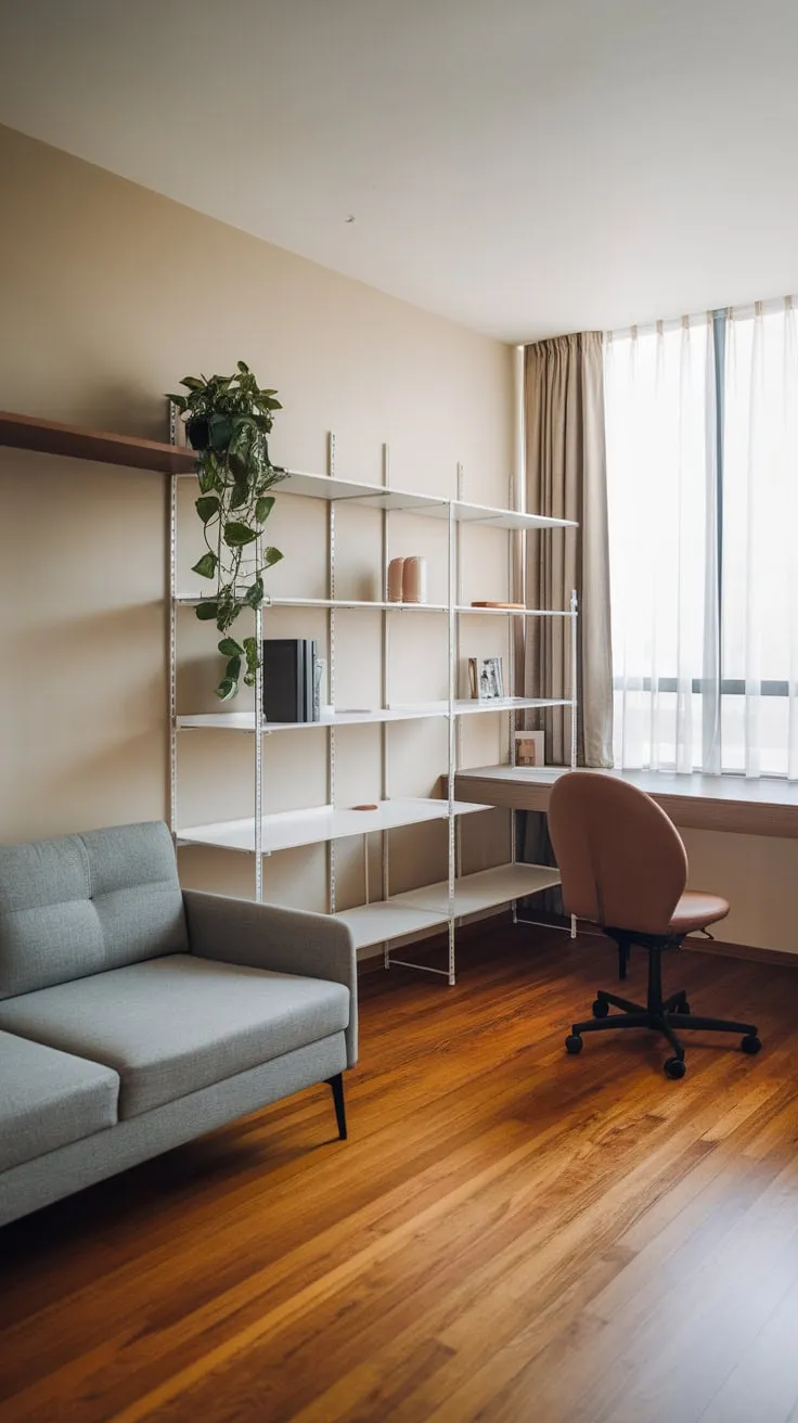 A sleek modern home office boasts a calming beige palette, wooden floors, and stylish gray and brown furniture complemented by natural light and greenery.