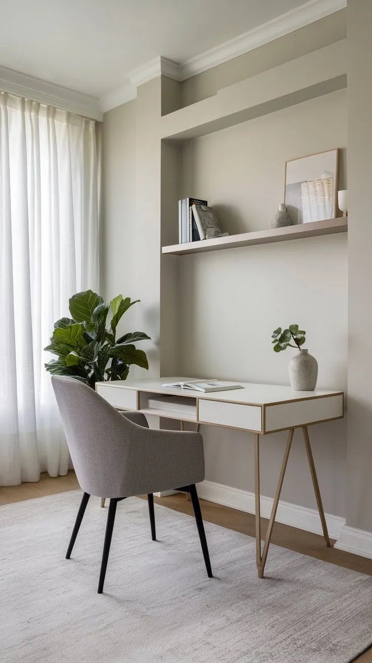 A serene modern home office boasts a white desk, gray chair, and calming gray tones accented by a potted plant and curated shelving.