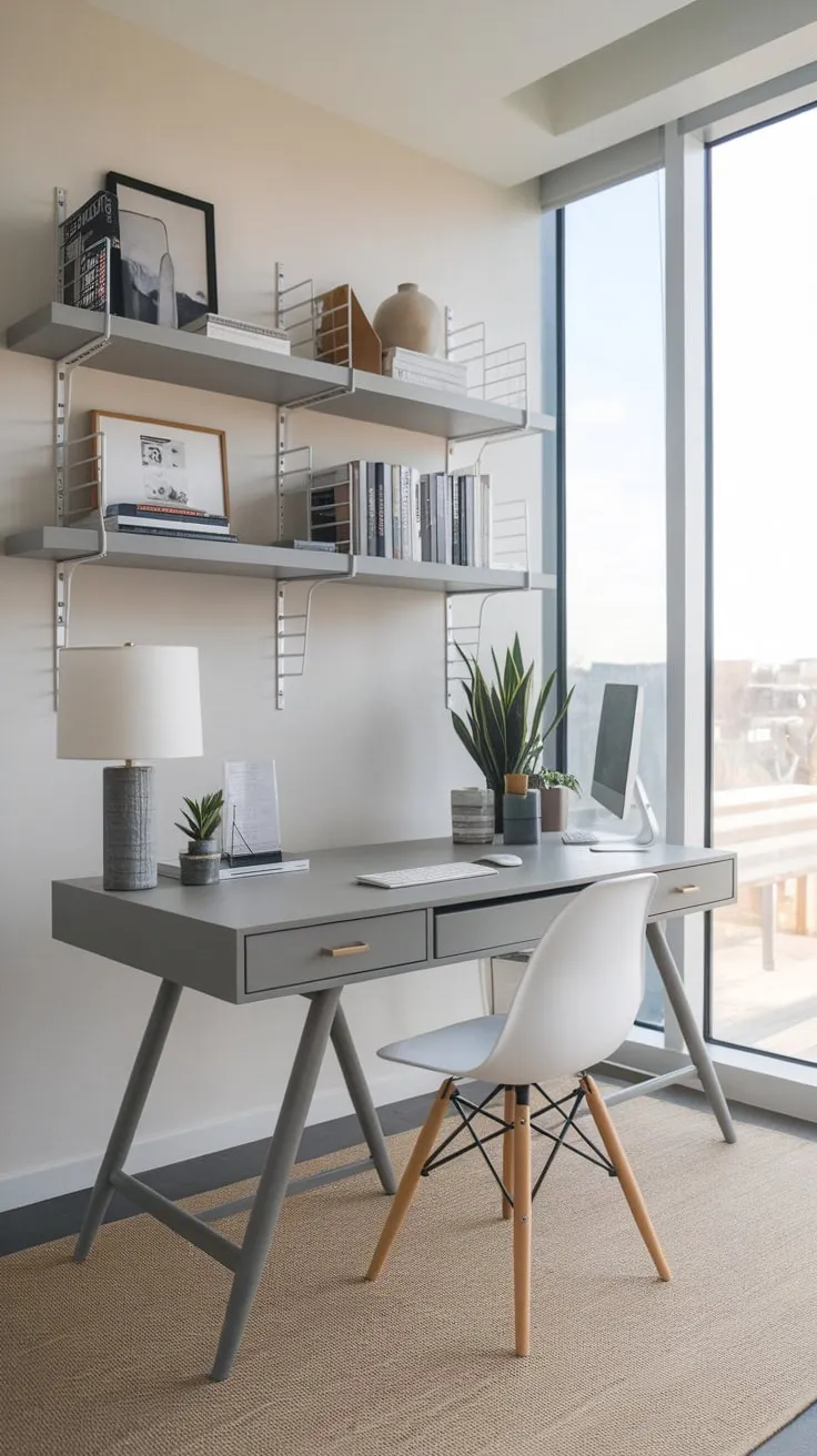 A bright modern home office features a gray desk, white chair, and natural light enhancing its stylish workspace.