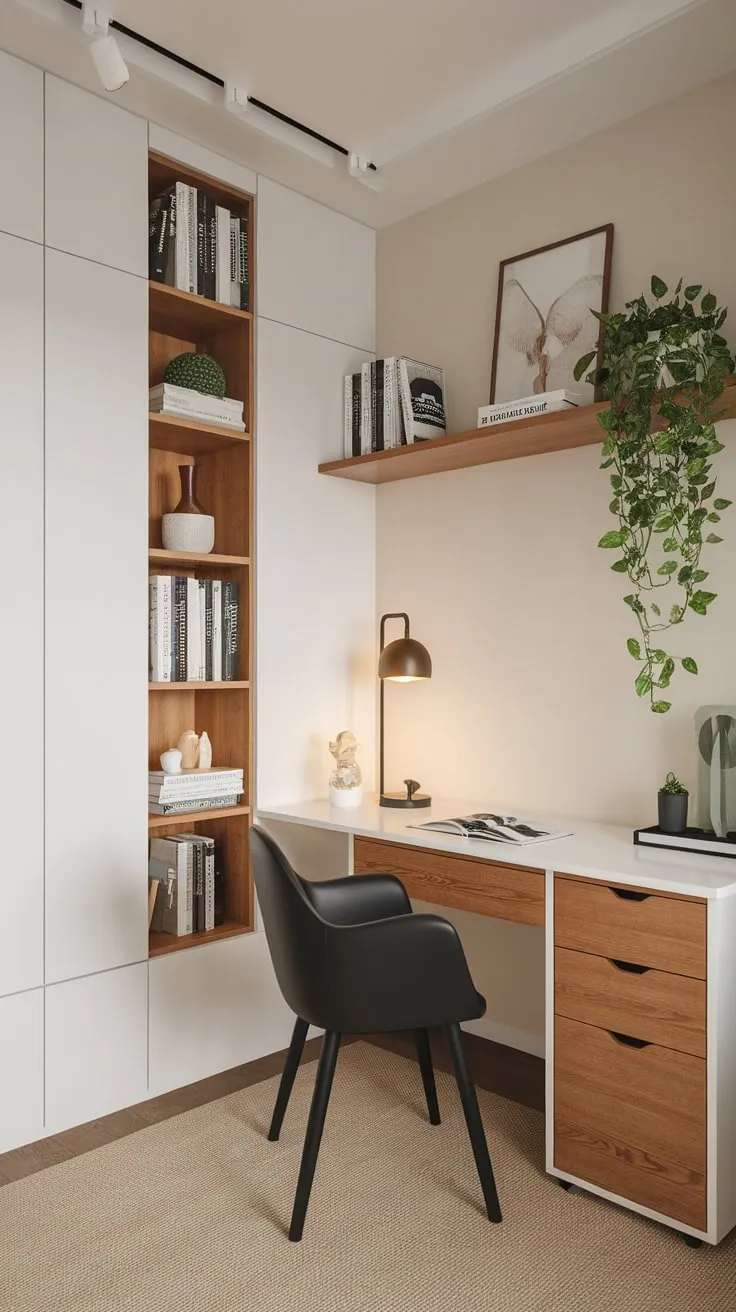 A minimalist home office boasts a clean white desk, wooden accents, and built-in bookshelves creating a stylish and functional workspace