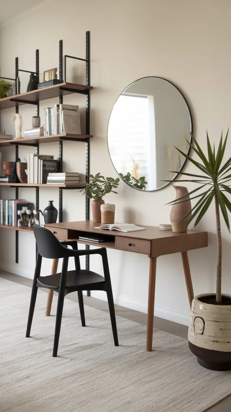 A stylish home office boasts a wooden desk, black chair, and curated décor, complemented by a large mirror, bookshelves, and a plush rug.
