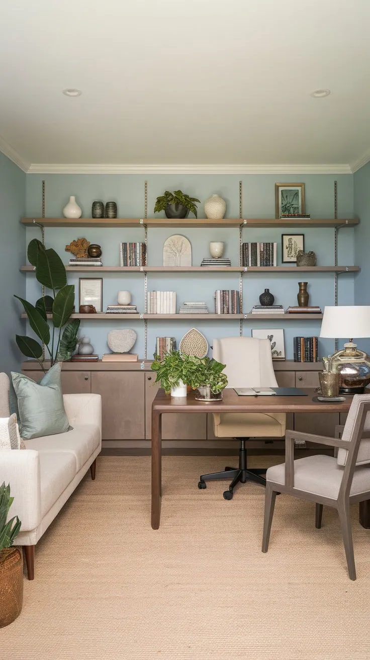 A serene light blue home office boasts a wooden desk, beige sofa, and bookshelf, complemented by natural elements and soft lighting for optimal productivity and style