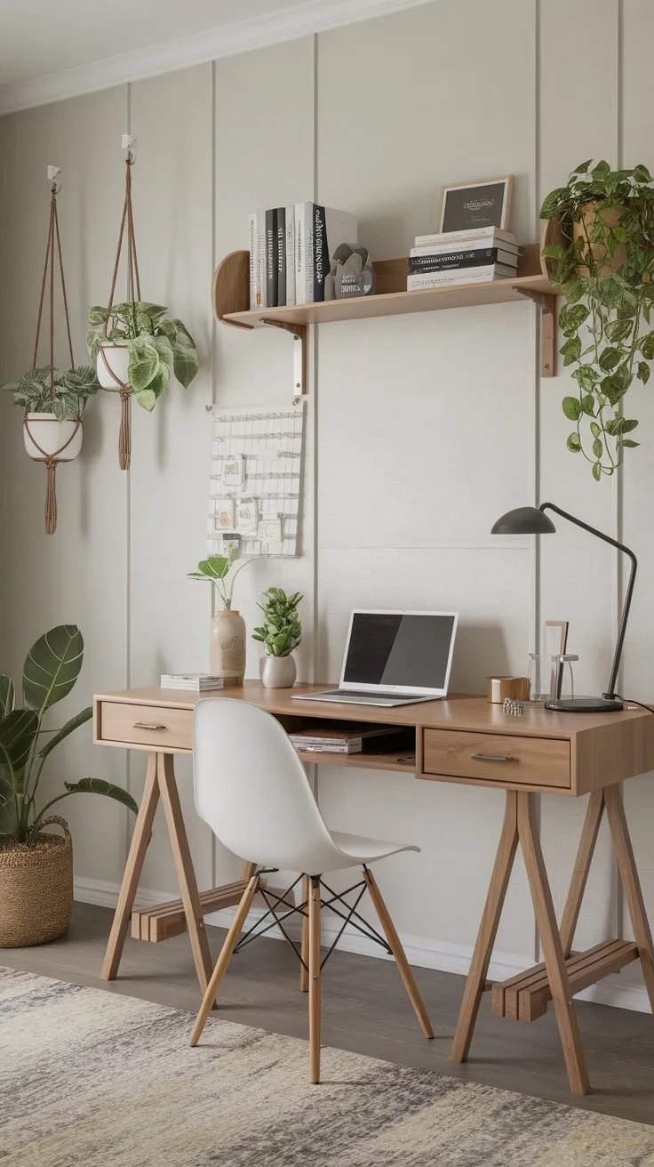 Light grey walls, a wooden desk, and lush greenery define this stylish and functional modern home office.