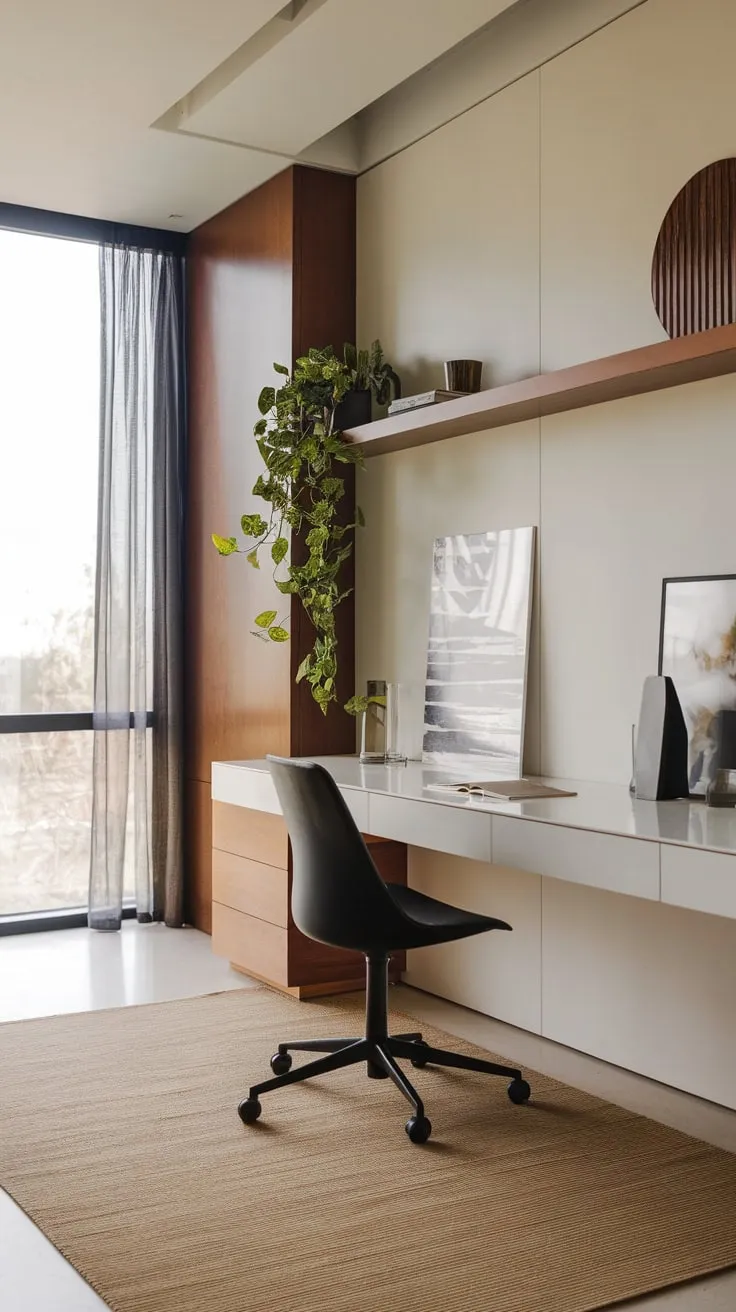 A minimalist home office features a white desk, wooden shelving, and pops of green against a neutral backdrop for a stylish and productive environment.