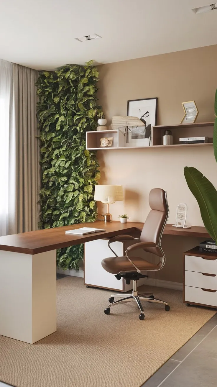 Beige walls and a cozy rug complete the inviting and functional design of this modern home office.