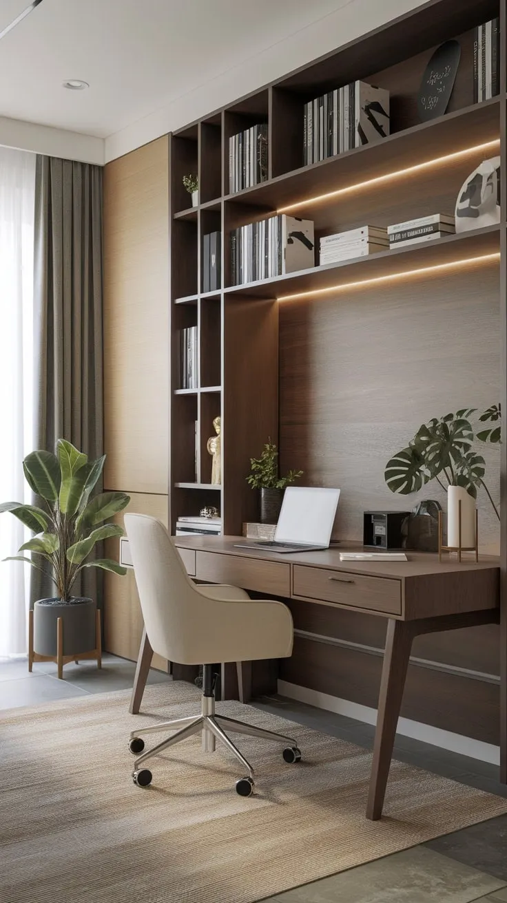A stylish home office boasts a wooden desk, comfortable chair, and curated décor, creating a productive and inviting workspace.