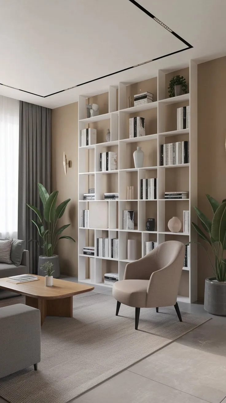 Neutral tones and lush greenery combine in a calming modern home office design perfect for focused work.
