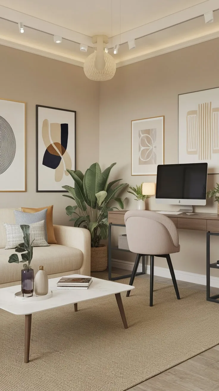 A calming beige and white modern home office blends comfort and productivity with a desk, sofa, and tasteful artwork.