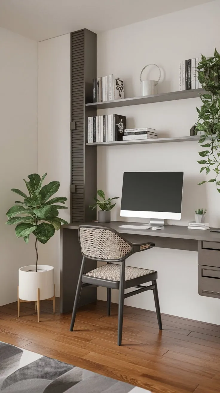 A minimalist modern home office boasts a clean aesthetic with hardwood floors, greenery, and functional workspace featuring a desk, comfortable chair, and stylish shelving.