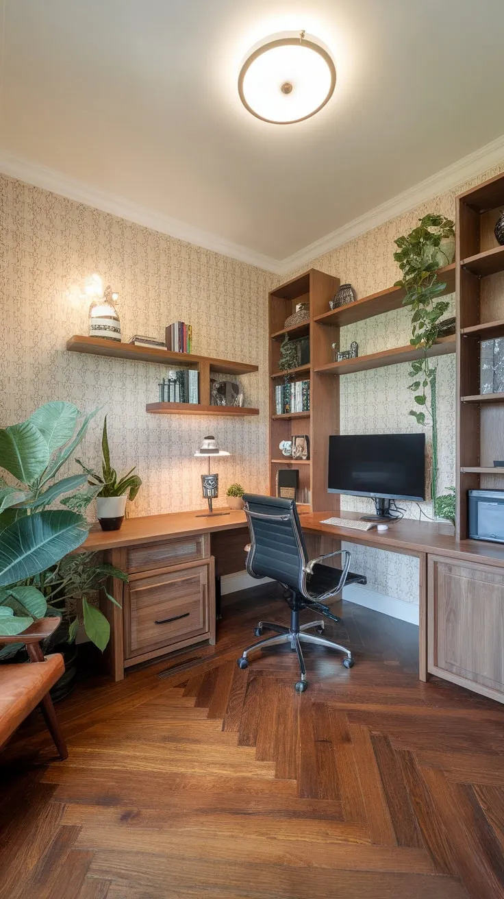 Beige walls and wooden floors complement a minimalist desk setup in this modern and inviting home office.