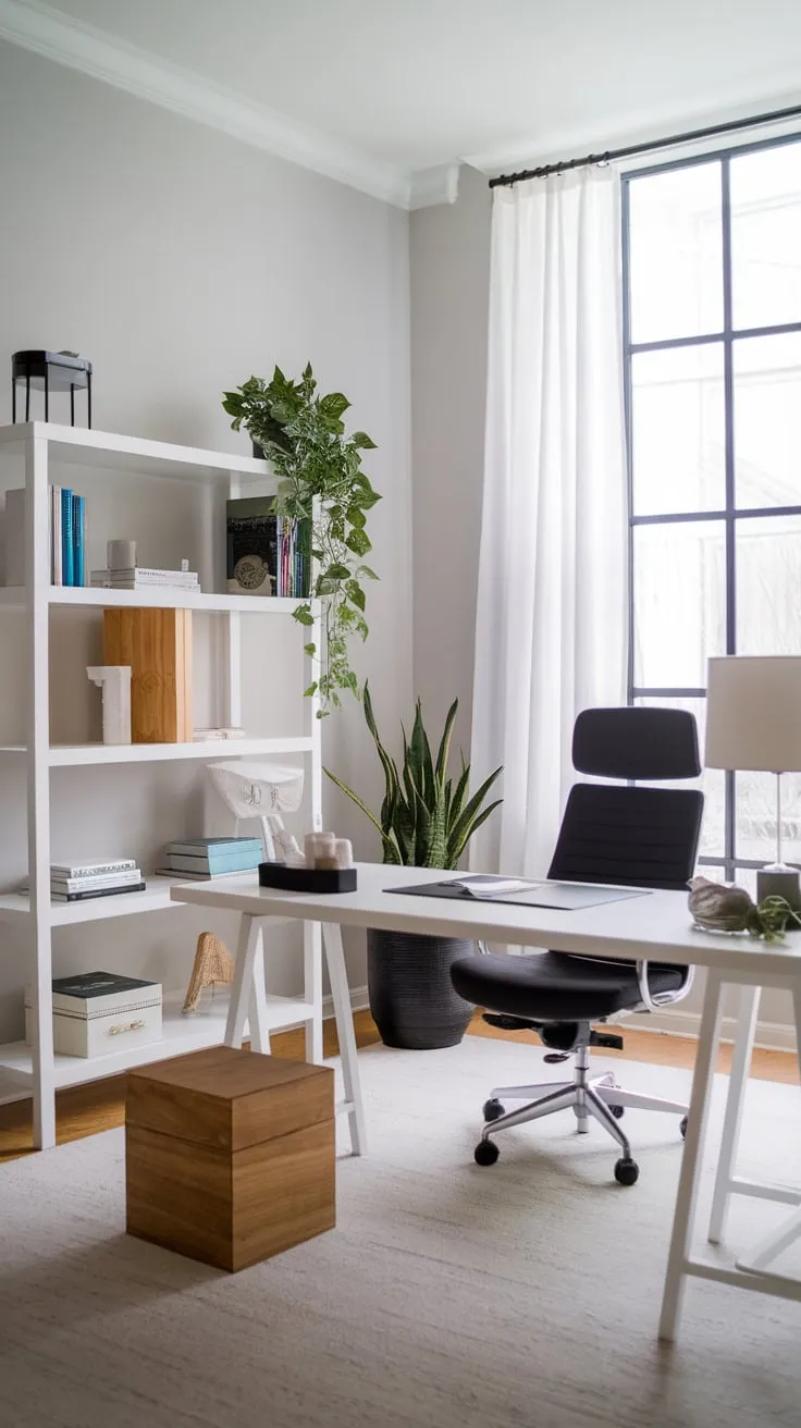 A serene and stylish home office boasts a minimalist white desk and black chair, complemented by light grey walls, greenery, and warm wooden elements near a bright window.