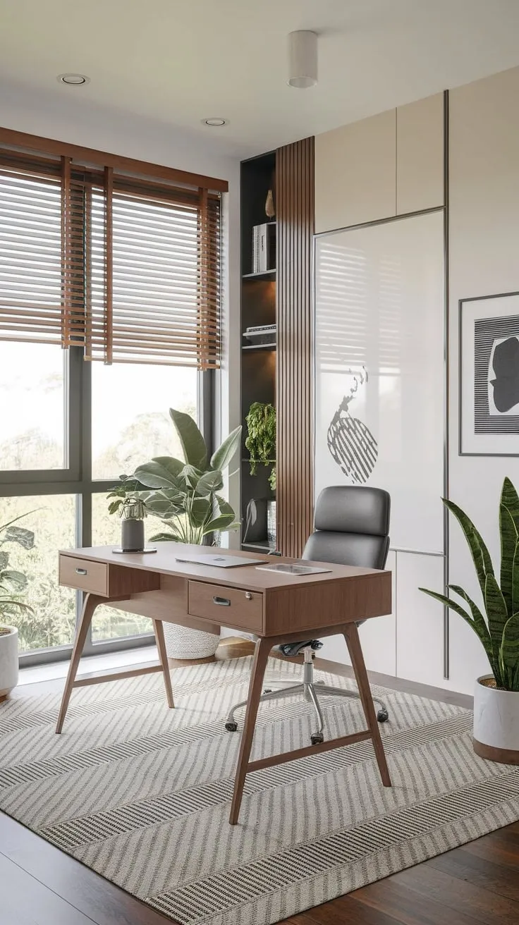A minimalist home office bathed in natural light boasts a functional workspace enhanced by personal touches and inspiring artwork.