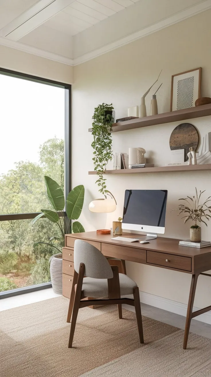 Natural light floods a stylish home office featuring a wooden desk and calming greenery for an inspiring work environment.
