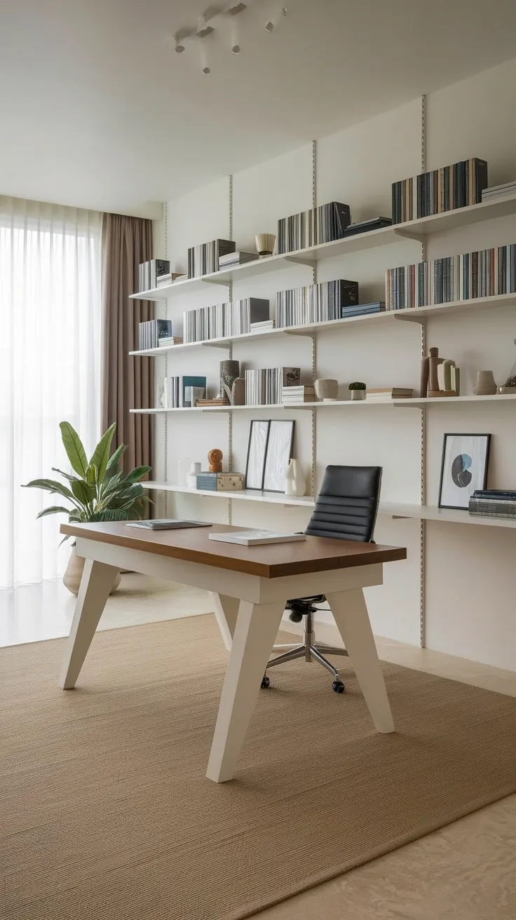 A modern white desk and black chair anchor a serene home office, complemented by built-in bookshelves and natural light filtering through flowing curtains.