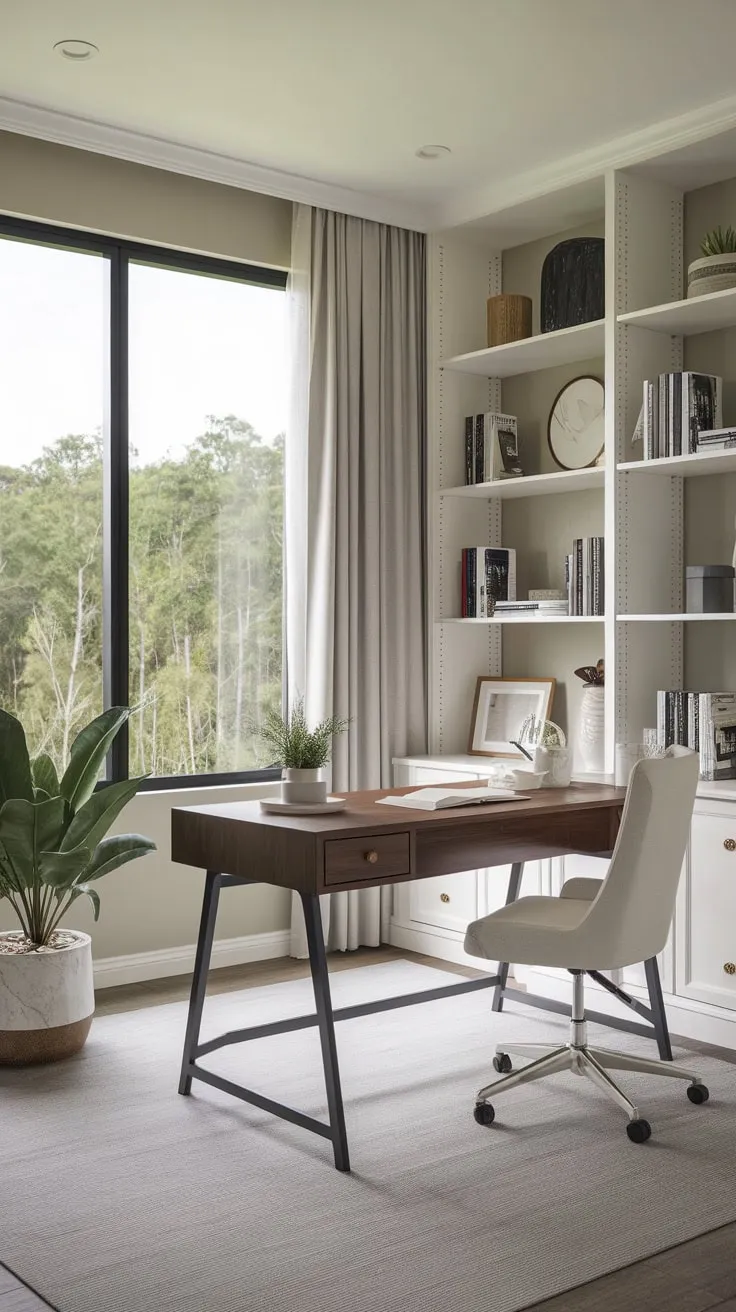 Modern design meets nature's tranquility in this calming home office, featuring a forest view and minimalist aesthetic.