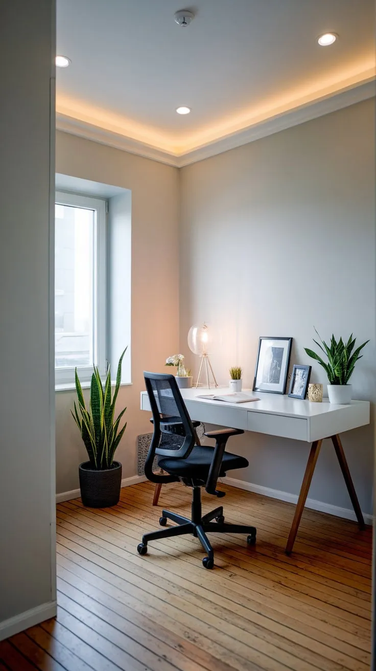 Clean lines and a few personal touches create a calming and productive workspace in this light grey and white minimalist home office.