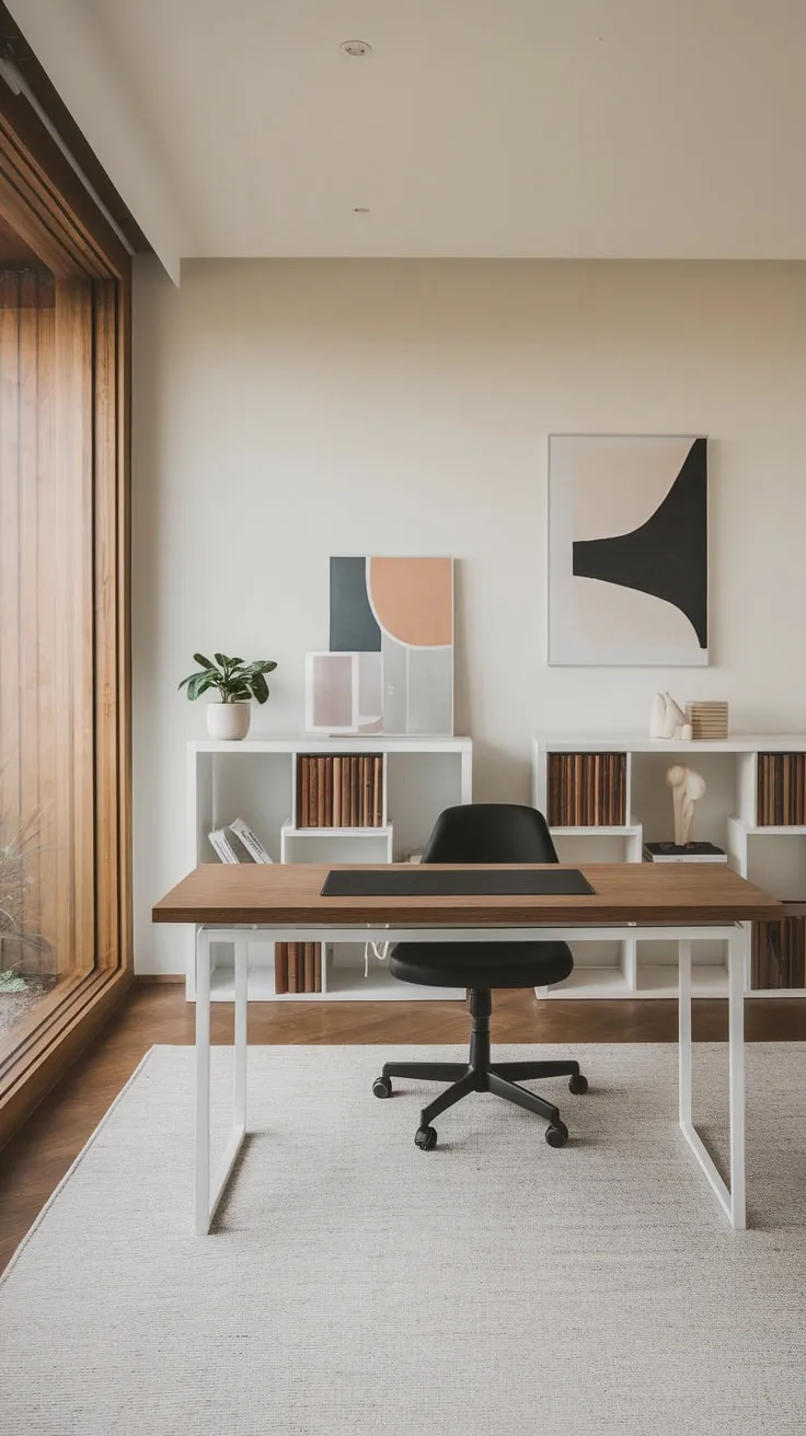 Modern design meets functionality in a serene home office featuring a white desk, wooden elements, and calming artwork.