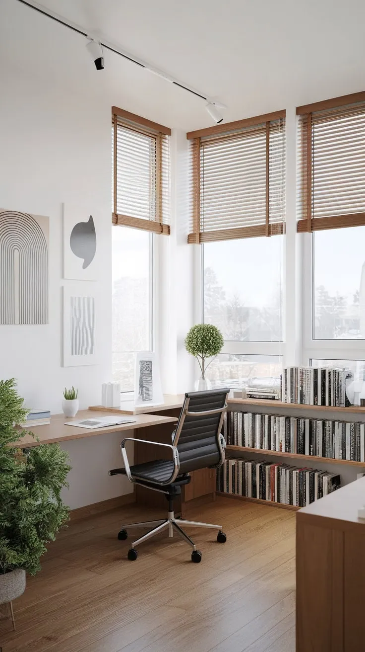 A bright minimalist home office boasts large windows, wooden floors, and organized functionality.