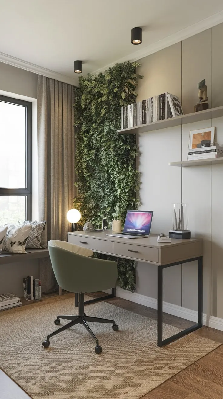 A calming light grey home office boasts modern design elements, natural light, and pops of green to create a productive workspace.