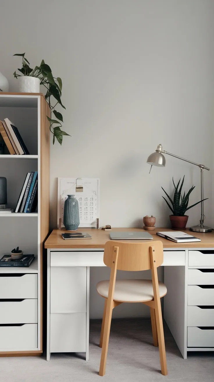 A stylish and efficient home office boasts a simple white desk, wooden chair, and bookshelf against a light grey wall, perfectly balancing form and function.