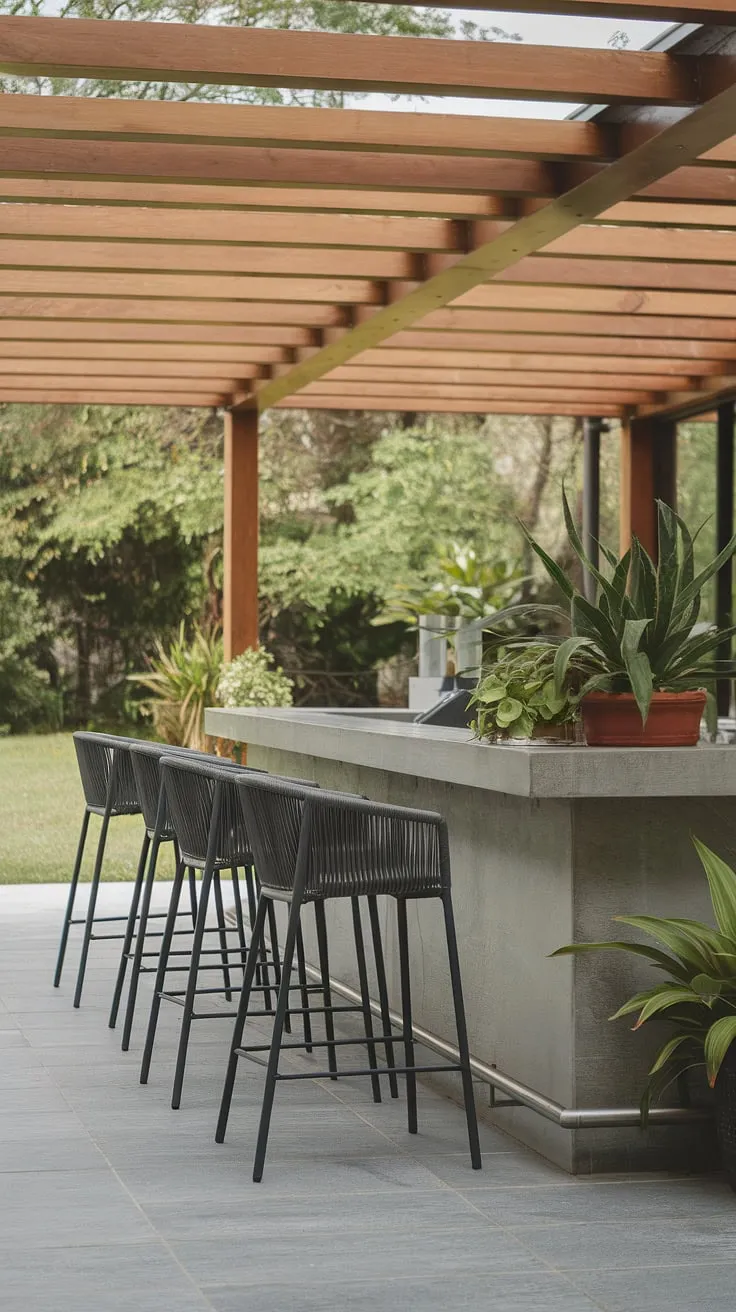This sleek concrete home terrace bar, perfect for outdoor entertaining, offers a stylish blend of modern outdoor bar design and covered outdoor kitchens. The wooden pergola provides shade, enhancing the relaxing atmosphere of this outdoor living space. Consider this as inspiration for your own terrace bar ideas or rooftop bar design. The grey tile flooring complements the lush garden backdrop, creating an idyllic setting for home bar design.