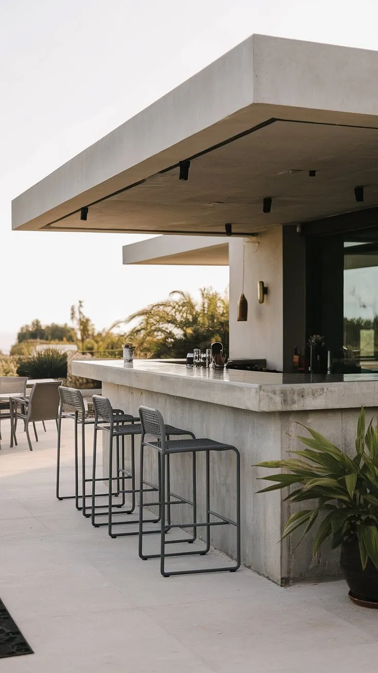 Sophisticated and functional, this modern outdoor bar offers the ultimate in outdoor living spaces. The concrete bar is a stunning centerpiece, perfect for outdoor entertaining and showcasing your home bar design. This image provides ample terrace bar ideas, from the minimalist bar itself to the thoughtful placement of seating. Imagine enjoying cocktails in this stylish setting – a dream for any rooftop bar design or covered outdoor kitchens. The overall design is a masterclass in terrace decor and exemplifies the best in outdoor bar design.