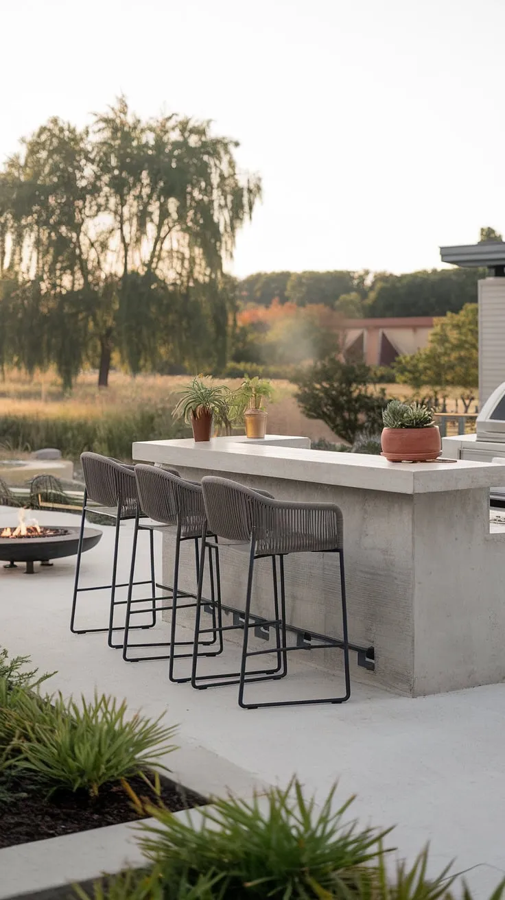 Create your own outdoor oasis with this stunning outdoor bar design. The sleek concrete bar, a key element of this home bar design, is perfectly complemented by the surrounding greenery and the warmth of the nearby fire pit. This covered outdoor kitchen setup, ideal for outdoor entertaining, provides a sophisticated backdrop for relaxed gatherings. Find inspiration for your own terrace bar ideas and rooftop bar design within this picture of tranquil outdoor living spaces and terrace decor.