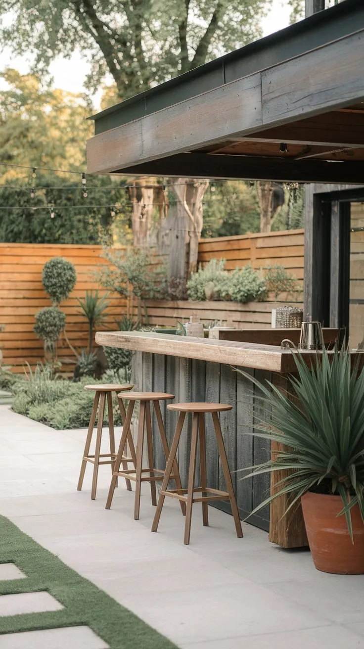 Create your dream outdoor living spaces with this modern outdoor bar as inspiration. This home bar design showcases a stunning blend of rustic wood and sleek lines, perfect for outdoor entertaining. The thoughtfully planned terrace bar, nestled amongst vibrant plants, provides a serene backdrop for relaxation. Explore terrace bar ideas and rooftop bar design concepts for your own covered outdoor kitchens, drawing inspiration from this beautiful outdoor bar design and terrace decor.