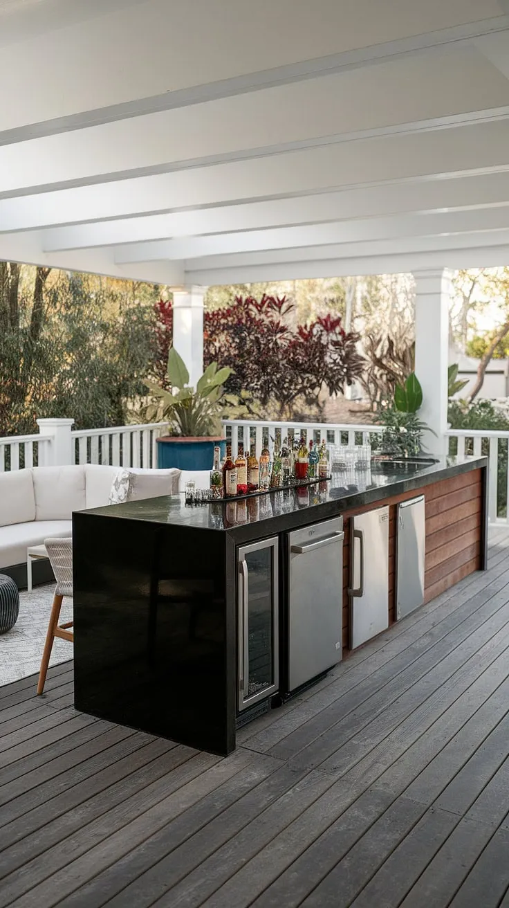 Escape to this inviting covered outdoor kitchen and home terrace bar. The modern outdoor bar, with its black countertop and stainless steel accents, is the centerpiece of this stunning outdoor living space. This rooftop bar design provides ample space for outdoor entertaining, while the white couch and chairs offer comfortable seating. Get inspired by these terrace bar ideas and elevate your outdoor bar design. The lush greenery adds a touch of nature to this sophisticated home bar design.