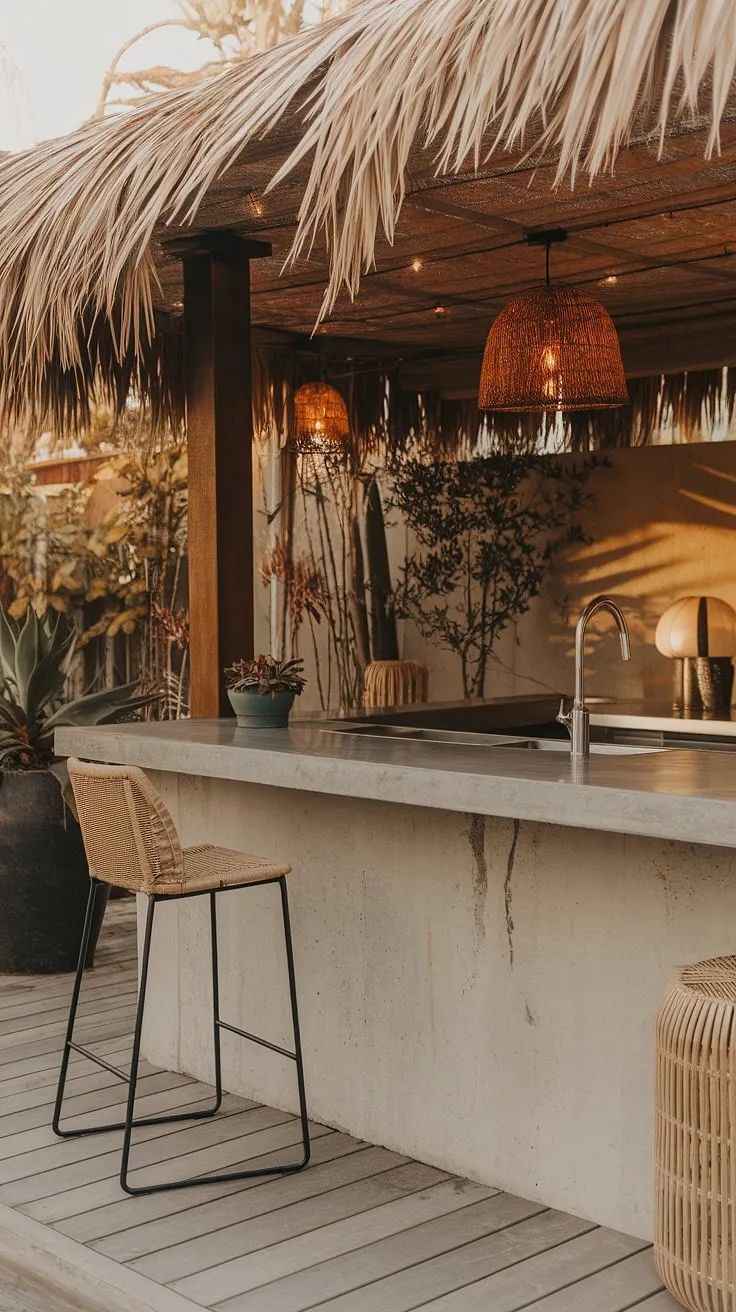 This outdoor bar design is the epitome of modern outdoor living. The concrete countertop and stainless steel sink of this home terrace bar are beautifully complemented by the thatched roof and warm lighting. Ideal for outdoor entertaining, this space provides ample terrace bar ideas and inspiration for rooftop bar design. The surrounding potted plants and decorative lamp enhance the overall terrace decor, creating a welcoming atmosphere within these outdoor living spaces. Consider this a prime example of covered outdoor kitchens and home bar design.
