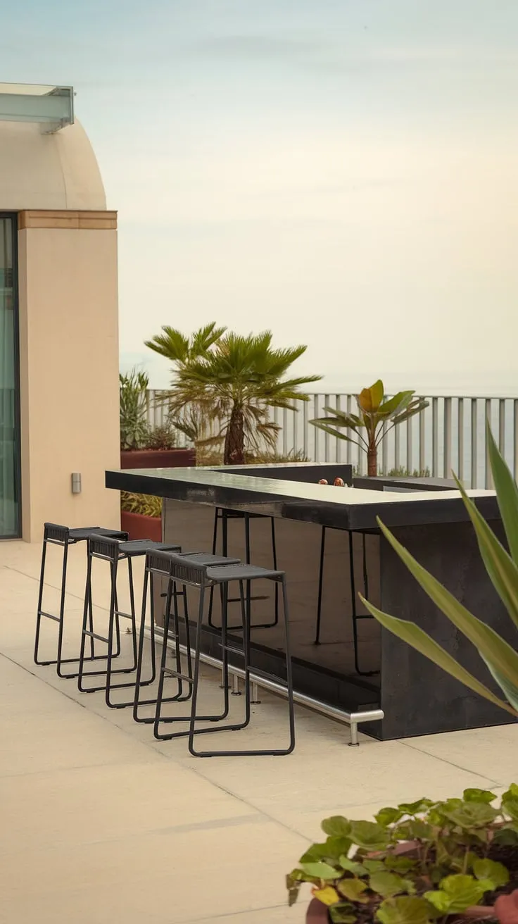 Create your dream outdoor living spaces with this stunning example of a modern outdoor bar. This home bar design, situated on a tranquil terrace, showcases sophisticated outdoor bar design and offers plenty of terrace decor inspiration. The covered outdoor kitchens in the background add functionality, while the overall ambiance is perfect for outdoor entertaining. Consider this image when exploring rooftop bar design and terrace bar ideas for your own home.