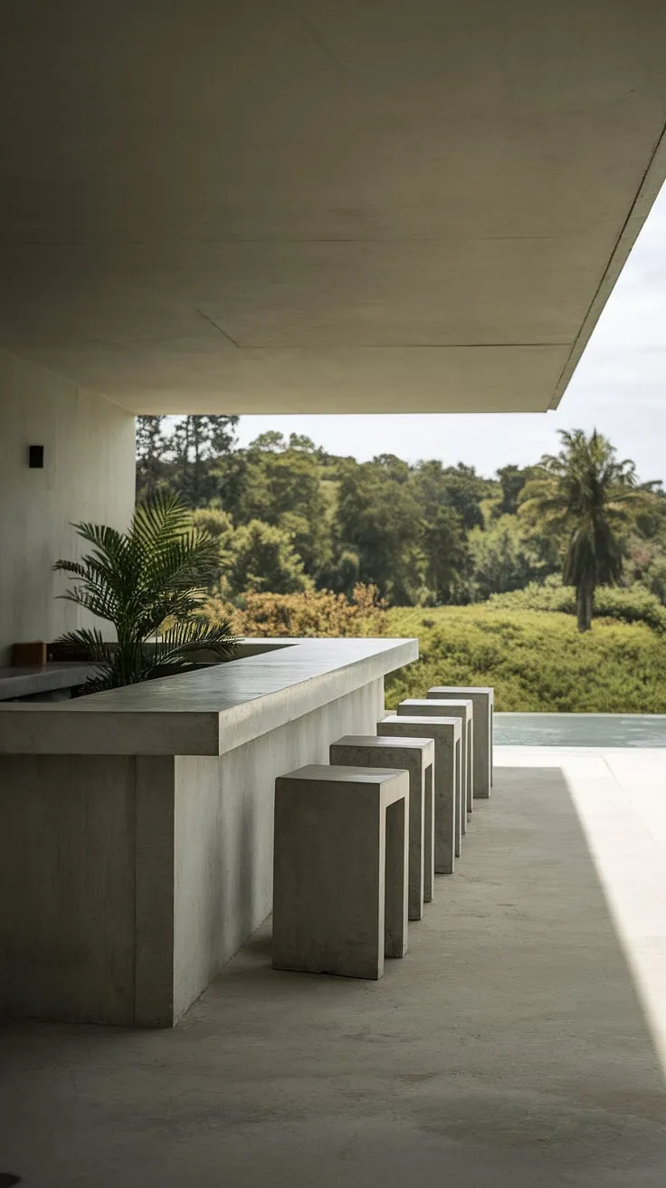 Escape to tranquility with this minimalist home terrace bar. Modern outdoor bar design meets serene outdoor living spaces, perfect for outdoor entertaining and inspired terrace decor. Consider this for your next rooftop bar design or covered outdoor kitchens project. Endless terrace bar ideas await.