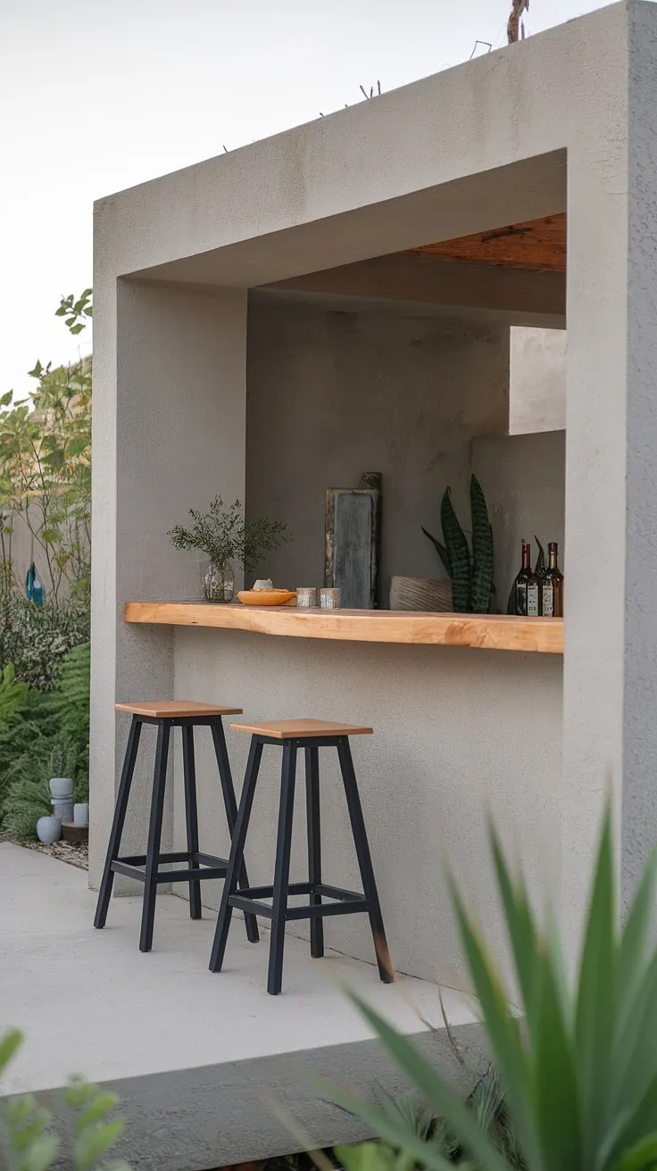 This sleek concrete home terrace bar offers the perfect blend of minimalist design and outdoor entertaining. The wooden countertop adds warmth, while the surrounding greenery creates a tranquil atmosphere. This is prime inspiration for terrace bar ideas, showcasing a sophisticated rooftop bar design ideal for covered outdoor kitchens and enhancing your outdoor living spaces. The simple yet elegant home bar design makes it perfect for relaxed evenings.