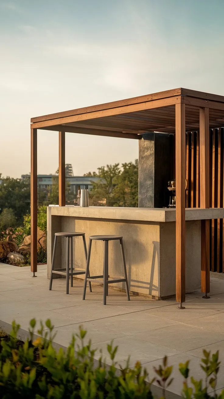 Create the ultimate outdoor living space with this stunning home terrace bar. The modern outdoor bar design, complete with a concrete counter and wooden structure, is perfect for rooftop bar design inspiration and elevates your outdoor bar design and home bar design. Ideal for outdoor entertaining.