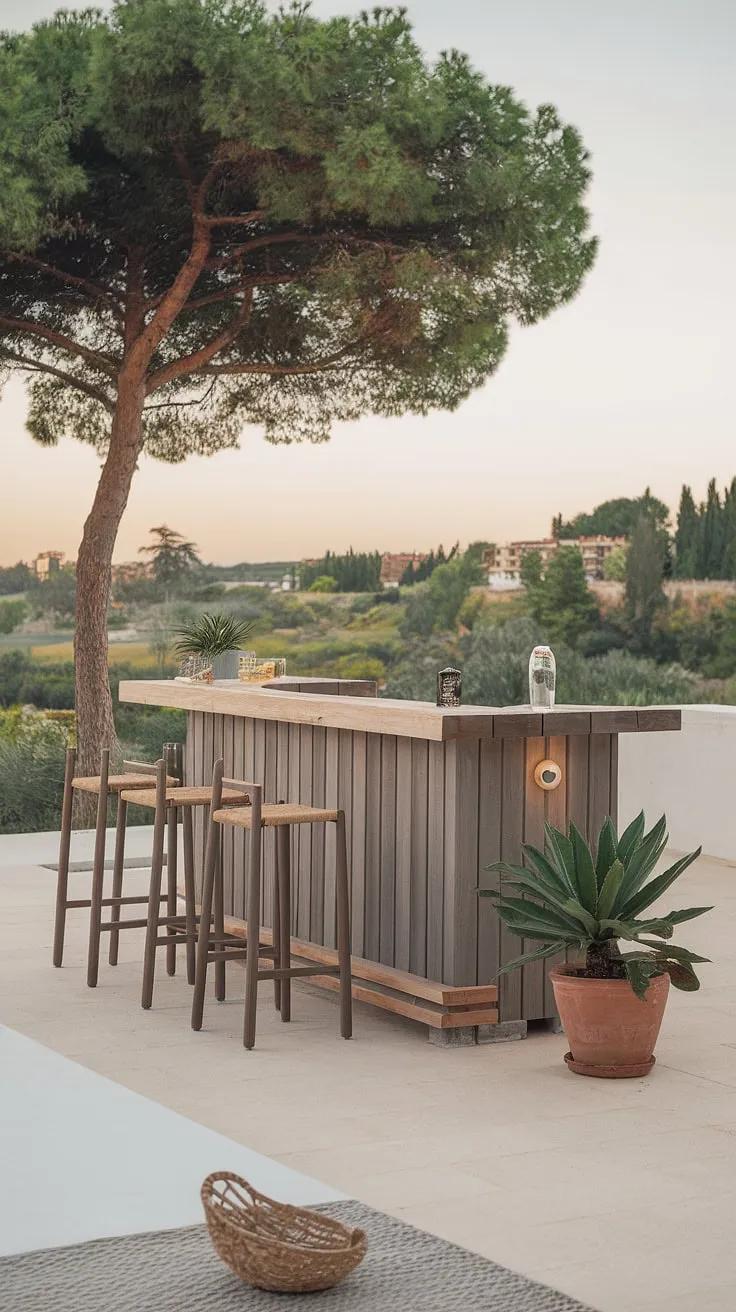 Unwind in style with this home terrace bar. Modern outdoor bar design meets breathtaking views, perfect for outdoor entertaining and inspiring terrace bar ideas. This rooftop bar design seamlessly blends into the outdoor living spaces, showcasing elegant home bar design and covered outdoor kitchens.