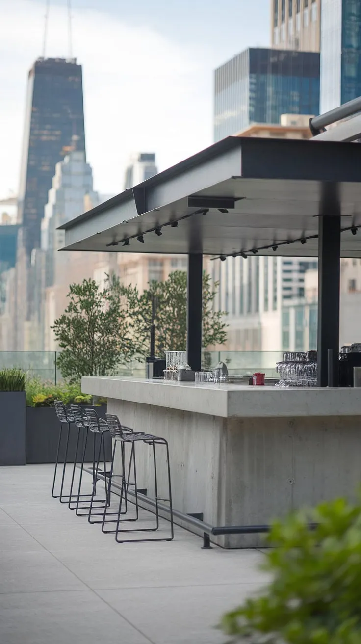 Urban oasis redefined. This home terrace bar, with its sleek concrete design and city skyline backdrop, offers endless terrace bar ideas for modern outdoor bar enthusiasts. Perfect for rooftop bar design inspiration, covered outdoor kitchens, and outdoor bar design, it elevates outdoor living spaces and outdoor entertaining. A dream home bar design.