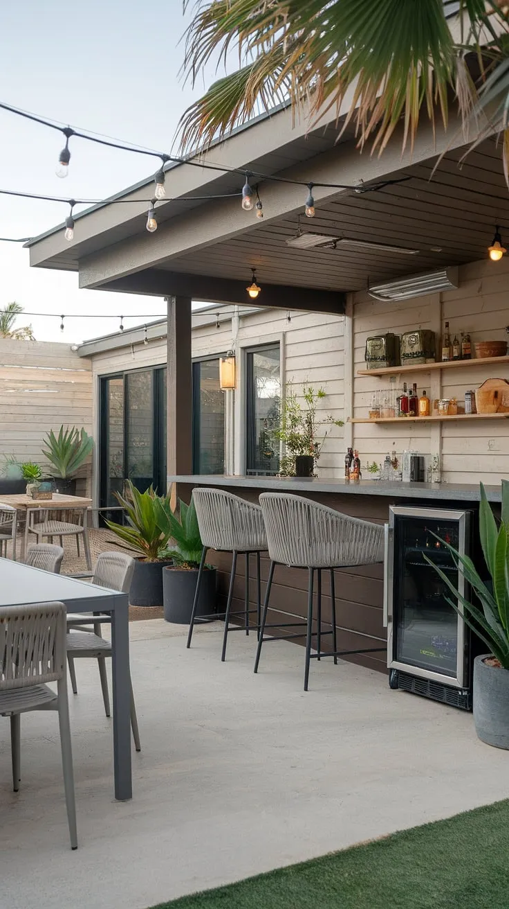 Transform your outdoor space into an entertainer's paradise with this stunning home terrace bar. This outdoor bar design features a covered structure, perfect for outdoor living spaces and all-weather enjoyment. The modern aesthetic, complete with a bar counter, seating, and a refrigerator, makes it ideal for both casual gatherings and sophisticated parties. The integrated dining area and thoughtful terrace decor, including potted plants and string lights, create a warm and inviting atmosphere. Explore these terrace bar ideas for your own outdoor bar design and elevate your outdoor entertaining game. This is the epitome of covered outdoor kitchens and home bar design.